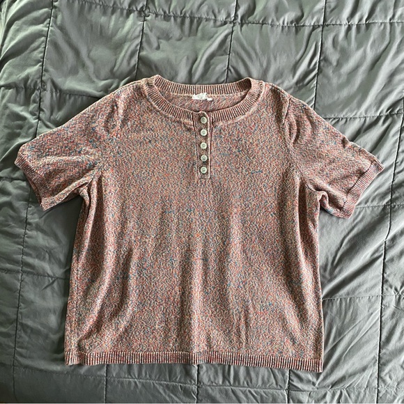 Candace Cameron Bure 1X Button Henley Sweater Short Sleeve QVC Red Multicolor - Picture 3 of 6